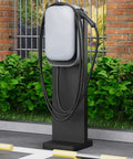 Rock Solid Universal EV Charger Mounting Post With Heavy Duty Freestanding Pole Stand built from galvanized steel with charging cables.