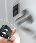 Enhanced Door Silencer Strike Plate With Adhesive Bump Stops For Instant Quiet And Total Slam Defense shown installed on a door.