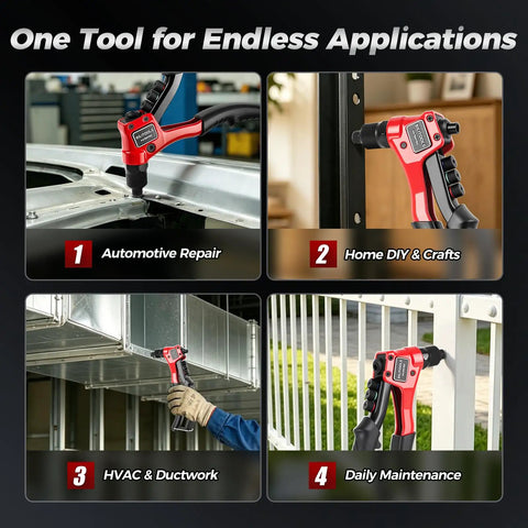 No Brainer One Hand Pop Rivet Gun With Quick Swap Nosepiece And Lockdown Storage Built For Rough Auto Fabrication And Sheet Metal Repair That Seriously Saves Your Wrists used in automotive repair, DIY crafts, HVAC, and daily maintenance.