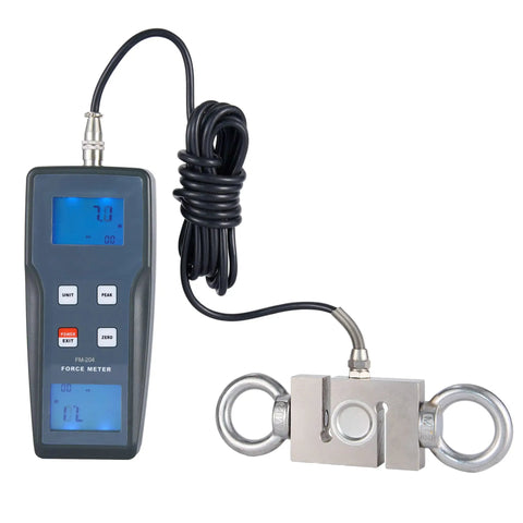 Digital Force Gauge For Push And Pull Forces With Plus Or Minus Five Hundred Kgf Range, Beefy Pro Grade High Resolution To 0.01 Kgf, 0.01 N, Or 0.1 Lbf, Three Units Of Measurement, Accurate Readouts For Tough Material Testing., digital force meter with cable and load cell on white background