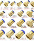 Brass Pneumatic Air Fittings Kit For 4 6 8 10 12 Millimeter Hose Tubes One Eighth To One Half Inch Female Thread Quick Connect Joints 100 Piece Set Durable Quick Pipe Fittings, showing various sizes and threads.