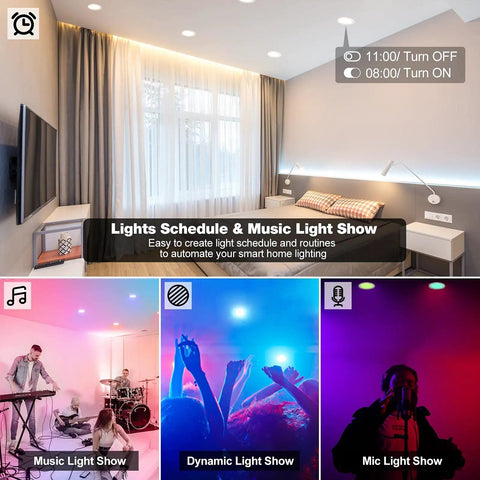 Smart 4 Inch Recessed LED Downlight Kit 6 Pack With Bluetooth Mesh in living room with music and light features