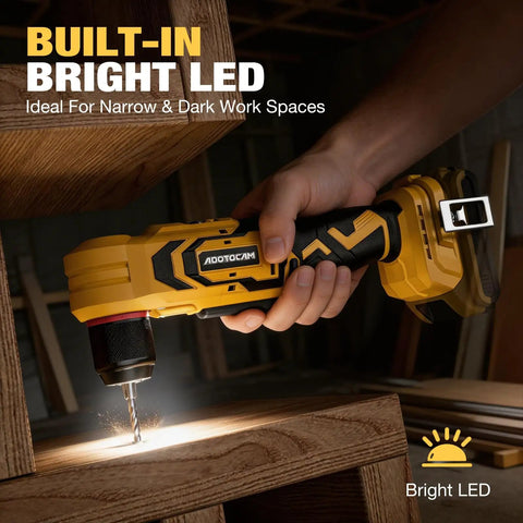 Brushless Right Angle Drill With Bright Led Work Light And Variable Speed Control Compatible With Dewalt 20v Max Batteries, LED illuminates a work area.