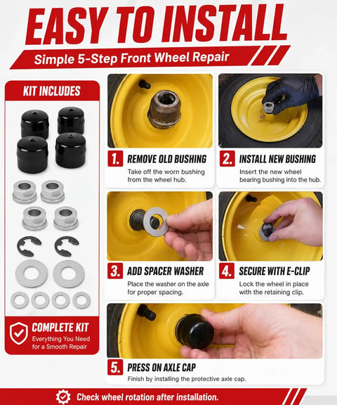 Built Tough Riding Mower Front Wheel Bearing Bushing And Axle Cap Rebuild Kit 16 Piece Hardware Set installation steps guide