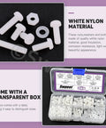 Real Deal Heavy Duty M4 Nylon Pan Head Screws With Hex Nuts And Flat Gasket Washers Assortment Kit 360 Piece white plastic screws in a transparent box.