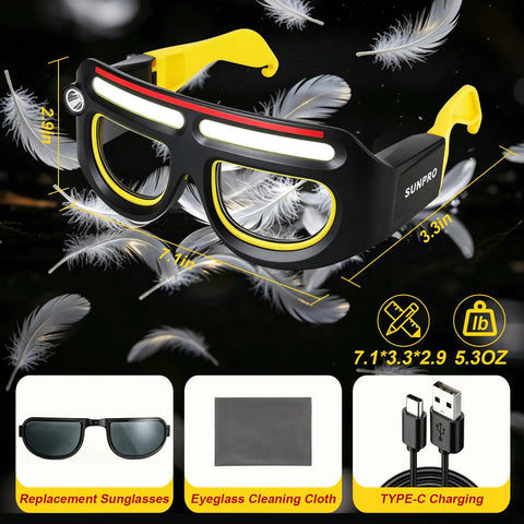 Rugged Job Site Ready Hands Free Glow Up Led Safety Glasses With Five Bright Adjustment Light Modes For Mechanics Weekend Warriors And Night Shift Work No Fuss Illumination Gear You Can Trust displayed over delicate feathers with dimensions.