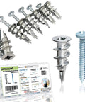 Zinc Self Drilling Drywall Anchors With Screws Kit 25 heavy duty metal anchors and size 8 by 1-1/4 inch screws displayed.