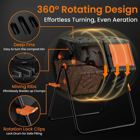 Double Chamber Rotating Compost Tumbler 170L Outdoor Bin with Elevated Base in black and orange, shown with rotation features.