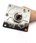 Badass 775 DC Gear Motor Pumping Out Massive 80 Kilogram Centimeter Torque For Ironclad Robotics And Power Tool Builds featuring shiny metal casing and shaft.