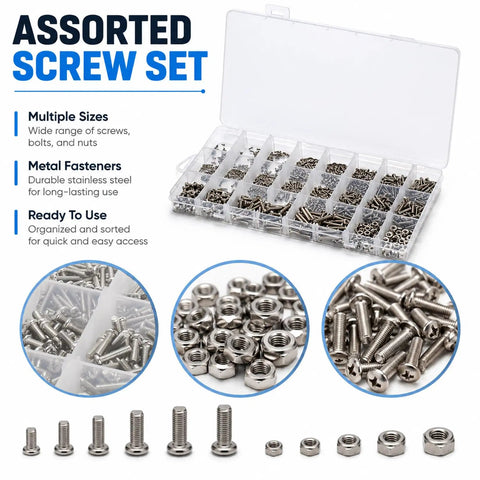 1260 Piece Small Stainless Steel Nuts And Bolts Assortment Kit Heavy Hitter Cross Pan Head Screws Rust Proof Build for rugged repairs displayed in a sorting case.