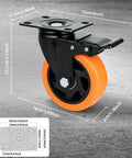 Heavy Duty 4 Inch Caster Wheels Set Of 4 With Locking Brakes And Smooth 360 Swivel Action showing orange polyurethane wheel and black plate.
