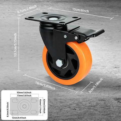 Heavy Duty 4 Inch Caster Wheels Set Of 4 With Locking Brakes And Smooth 360 Swivel Action showing orange polyurethane wheel and black plate.