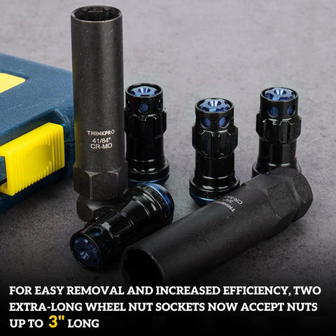 Premium Heavy Duty 6 And 7 Spline Lug Nut Keys Socket Set For Bmw Audi Toyota Wheels, 41/64 Inch and 3/4 Inch sizes, with extra-long sockets.