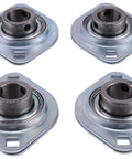 Four Pack Three Quarter Inch Two Bolt Flange Bearing Units With Sealed Pressed Steel Shells For Heavy Duty Dump Truck Tarps And Rigging Gear, showing front view of rugged pillow blocks.