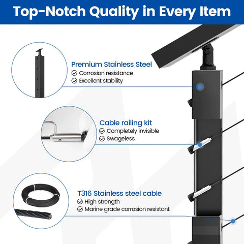 Heavy Duty Side Mount Modular Cable Railing Kit for Stairs, 12 to 16 Feet, features premium stainless steel and T316 cable.