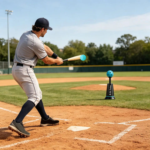 Baseball Batting Trainer Machine With Metal Frame For All Skill Levels And Ages Auto Throw Realistic Ball Launch Durable Training Kit For Solo Practice And Team Drills. batter hitting blue auto-throw ball on field