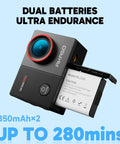 Ek7000 Pro 4K 30FPS action camera showing dual batteries for 280 mins use