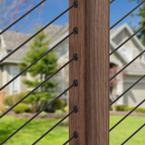 40 Pack Black 1/8 Inch Cable Railing Angle Beveled Protector Sleeves For Wood Posts, installed on outdoor stair railing.