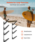 Badass 4 Tier Horizontal Surfboard Wall Mount Rack Adjustable Height Metal Organizer, sturdy black steel construction.