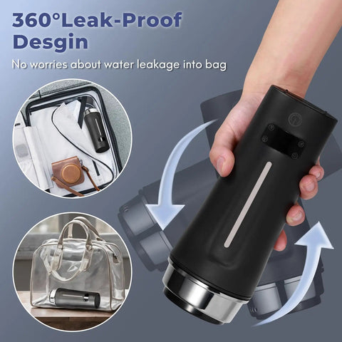 Global Travel Kettle With Dual Voltage 110-240V Portable Electric Kettle in hand, LCD display, compact for on-the-go use.