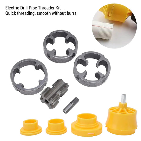 HaloVerde Electric Drill Pipe Threader Kit With 3 Dies For Pvc Pipes showing three dies and plastic components for threading.