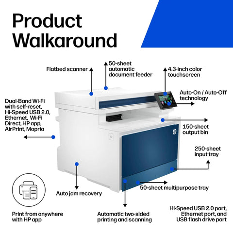 Color Laser Printer MFP 4301fdw For Small Biz Teams Wireless All In One Scanner Copier Fax Fast Color Printing Up To 35 PPM Auto Duplex Auto Document Feeder shown with features labeled