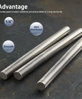 Front view: HiPicco 1/4-20 stainless steel fully threaded rods, 16 in length, 6-pack