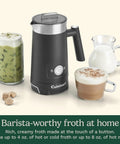 Hot And Cold Foam Milk Frother For Coffee And Cafe Style Drinks Like Lattes Cappuccinos Macchiatos And Hot Chocolate With Stainless Steel Nonstick Milk Tank And Cool Touch Exterior next to assorted beverages and milk jars.