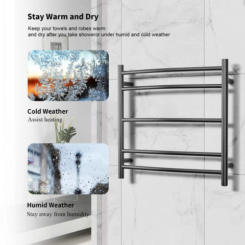 Black Wall Mounted Electric Towel Warmer Rack With 5 Bars Stainless Steel Heated Towel Holder shown in a bathroom setting