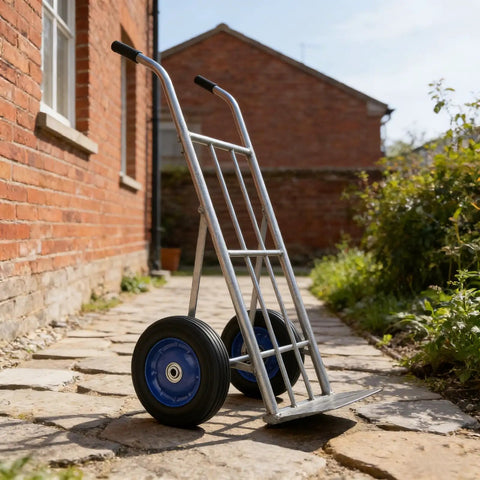 Four Pack 8 X 1.75 Inch Solid Rubber Wheels Featuring Flat Free Design mounted on a heavy-duty hand truck outdoors.