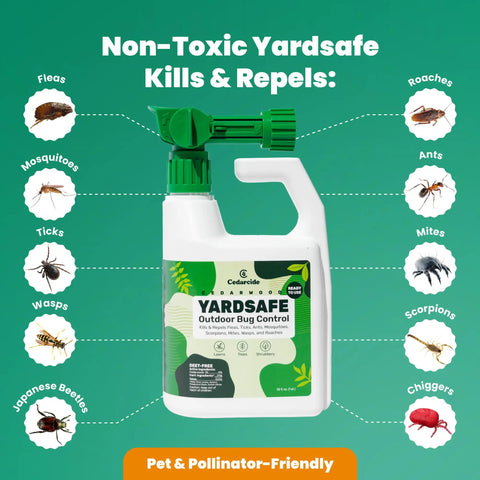 YardSafe Natural Bug Killer And Repellent bottle with label, kills fleas, mosquitoes, ticks, eco friendly, 1 quart