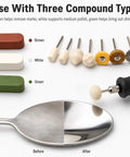 Polishing Buffing Wheel Kit with three compound types for metal work; shows brown, white, green bars and buffing wheels.