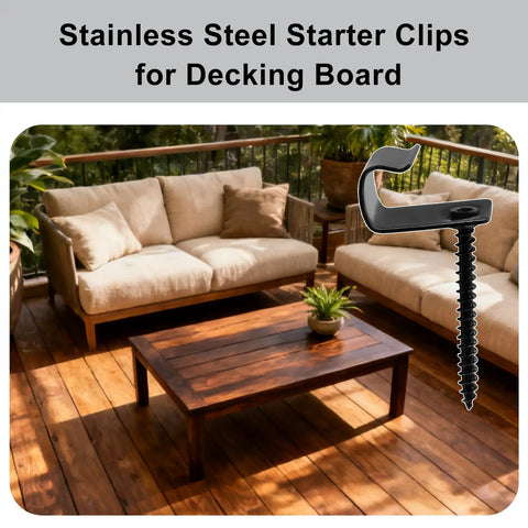 Heavy Duty Stainless Steel Hidden Deck Clips For Dead Simple Wood Flooring Install on a patio with furniture.