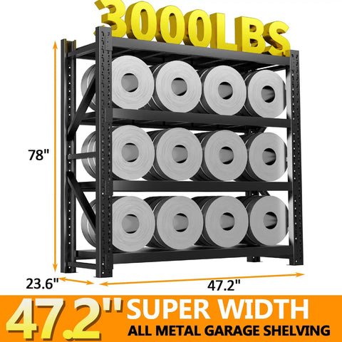 Rock Solid Heavy Duty Garage Shelving Adjustable Four Tier Steel Utility Rack With 3000 LB Load Capacity displaying rolls on a tall black metal frame.