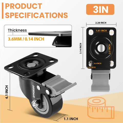 Product specifications for Set Of Four 3 Inch Heavy Duty Rubber Swivel Caster Wheels With Two Parking Brakes.