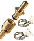 No Sweat Garden Hose Repair Kit Featuring Integrated Quick Connect Fittings includes brass connectors and stainless steel clamps.