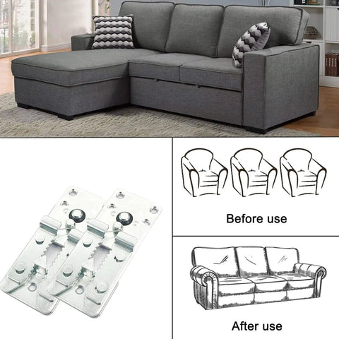 Lock It Down Heavy Duty Sofa Connectors For Sectional Couches With Adjustable Interlocking Brackets And Stainless Steel Screws, shown with plates and before/after images.