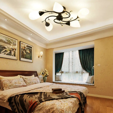 Bedroom showcasing Dope Semi Flush Mount Ceiling Light Fixture With Five Tulip Glass Globes, Modern Black Pendant, dimmable bulbs included