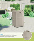 Hideaway Outdoor Trash Can With Lid 30 Gallon Weather Resistant Resin Bin With A Wicker Style Look for patio, in modern backyard.