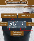 Touchscreen interface for pressure and time adjustments on Commercial Grade Automatic Espresso Tamper For 58mm Portafilters.