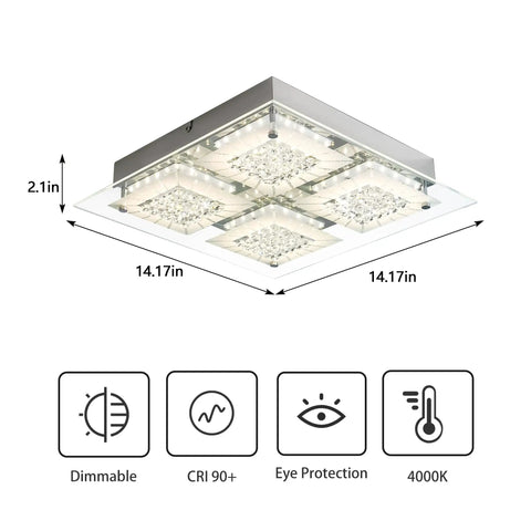 LED Crystal Flush Mount Ceiling Light Dimmable Glass Fixture Dope Look For Kitchen Island Hallway Bedroom And Bathroom Modern Square Design 4000K 24W High Refractive Crystal For Elegant Home Lighting
