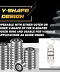V-shape design of 16 Pack RM2 2RS 3/8 Inch V Groove Roller Bearings Heavy Duty Shielded Precision Ball Bearings.