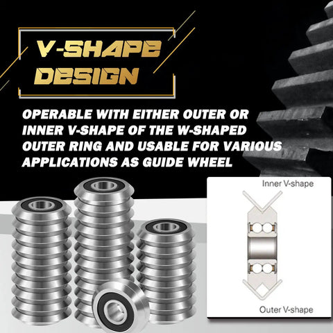 V-shape design of 16 Pack RM2 2RS 3/8 Inch V Groove Roller Bearings Heavy Duty Shielded Precision Ball Bearings.