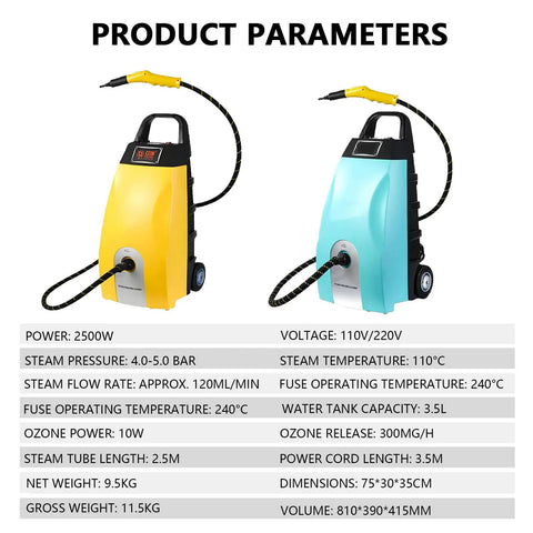 CUTPOY 2500W Handheld Steam Cleaner high pressure steamer in yellow and turquoise with hose for deep cleaning.