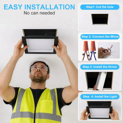 HITOO 8 Inch Square Recessed Ceiling Light, 3CCT, Dimmable, Black, 2 Pack installation steps with worker installing light.