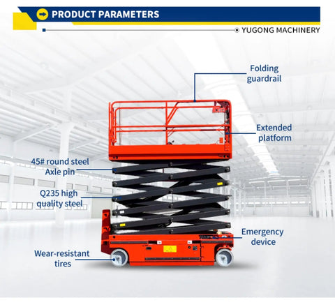 Super Stable Hydraulic Scissor Lift With Self Propelled Electric Drive Optimized For Rough Terrain Operations showing features and specifications.