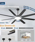 Dope 72 Inch Ceiling Fan With Lights Remote Control Dimmable 3CCT Black Modern Ceiling Fan dimensions and features.