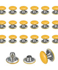 Hella Durable Double Cap Leather Rivets, 120 Sets Of Slick Yellow Metal Studs, heavy duty 8mm tubular fasteners close-up view.