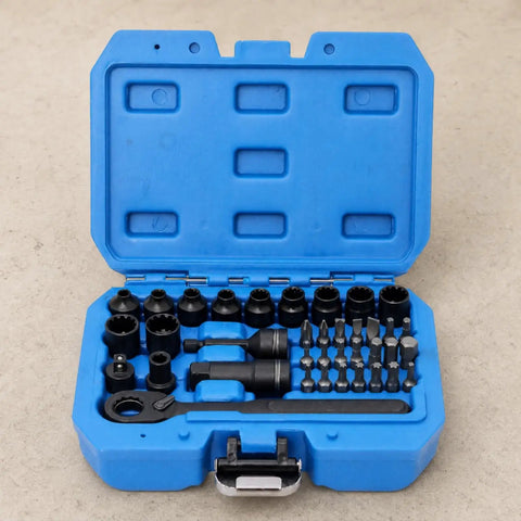 Shop Grade Metric Socket Wrench Set Featuring Smooth Bidirectional Ratchet Quick Release Mechanism And Rugged Carry Case For Auto Repair And Garage Work in a blue case with various sockets.