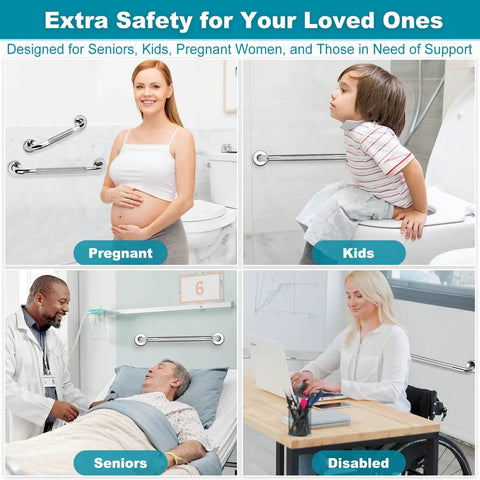 Rock Solid Stainless Steel Grab Bars 3 Pack Featuring Two Practical Sizes For Bathtubs And Showers Non Slip Senior Support Handles, installed for pregnant, kids, seniors, disabled.